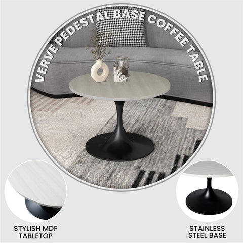 Verve Round Coffee Table with MDF/Resin/Sintered Stone Tabletop and Black Stainless Steel Base