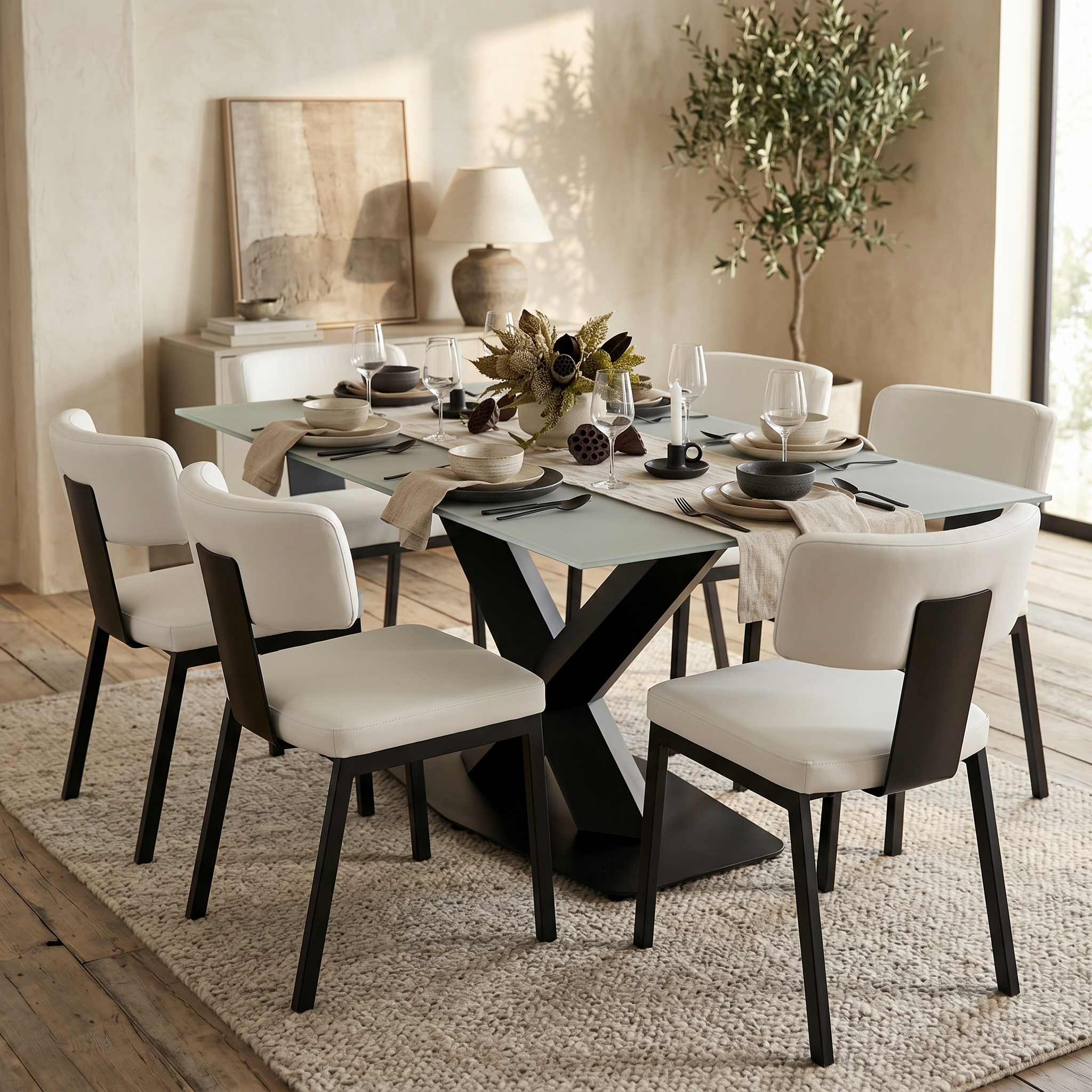 Voren Rectangular Dining Table with Glass Tabletop in Stainless Steel Pedestal Base