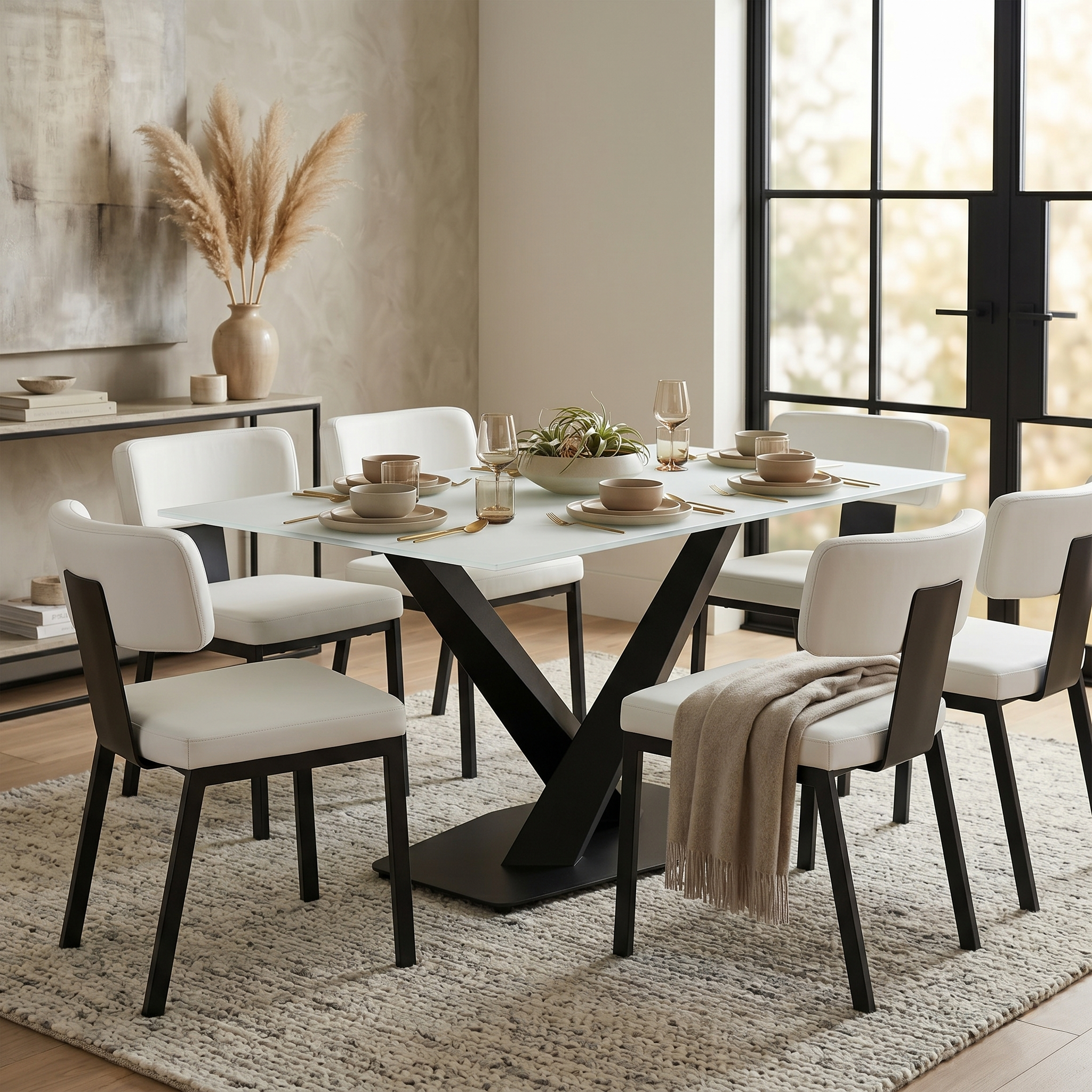 Voren Rectangular Dining Table with Glass Tabletop in Stainless Steel Pedestal Base