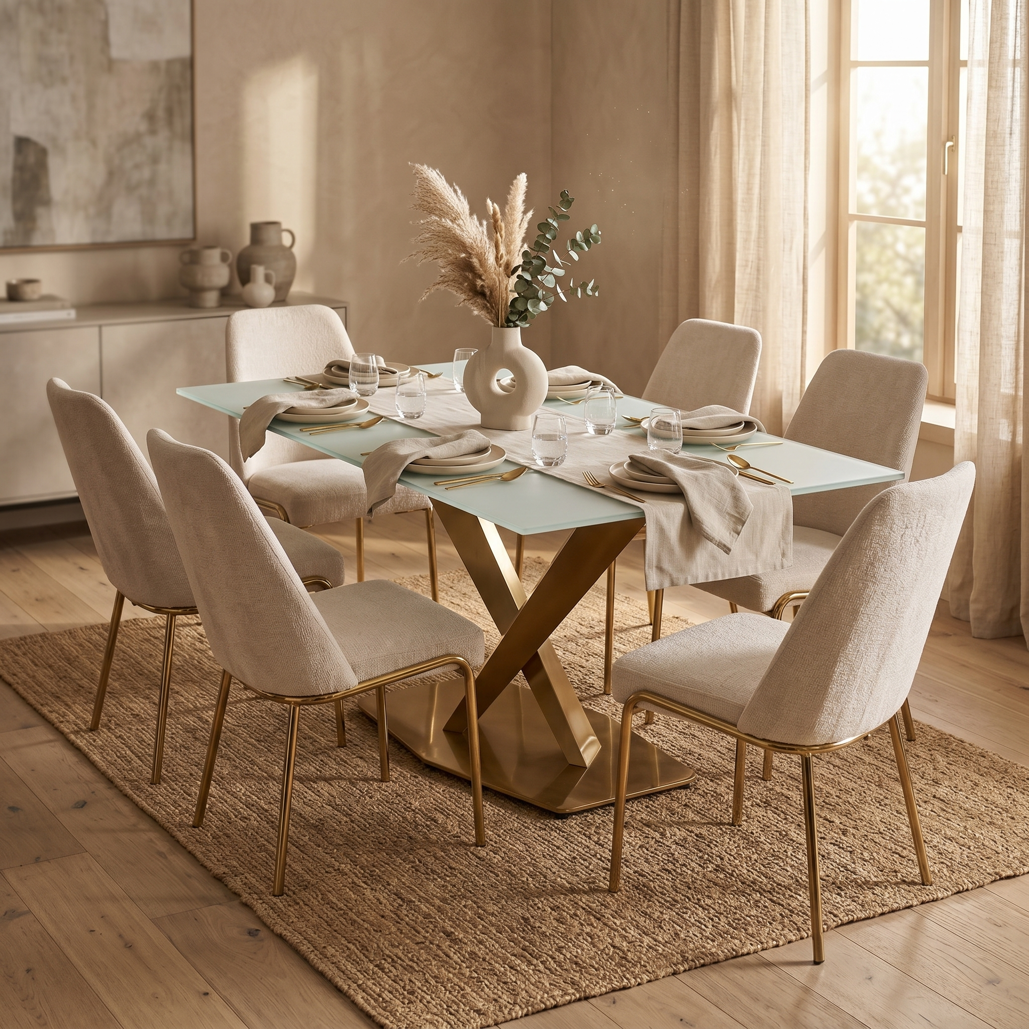 Voren Rectangular Dining Table with Glass Tabletop in Stainless Steel Pedestal Base