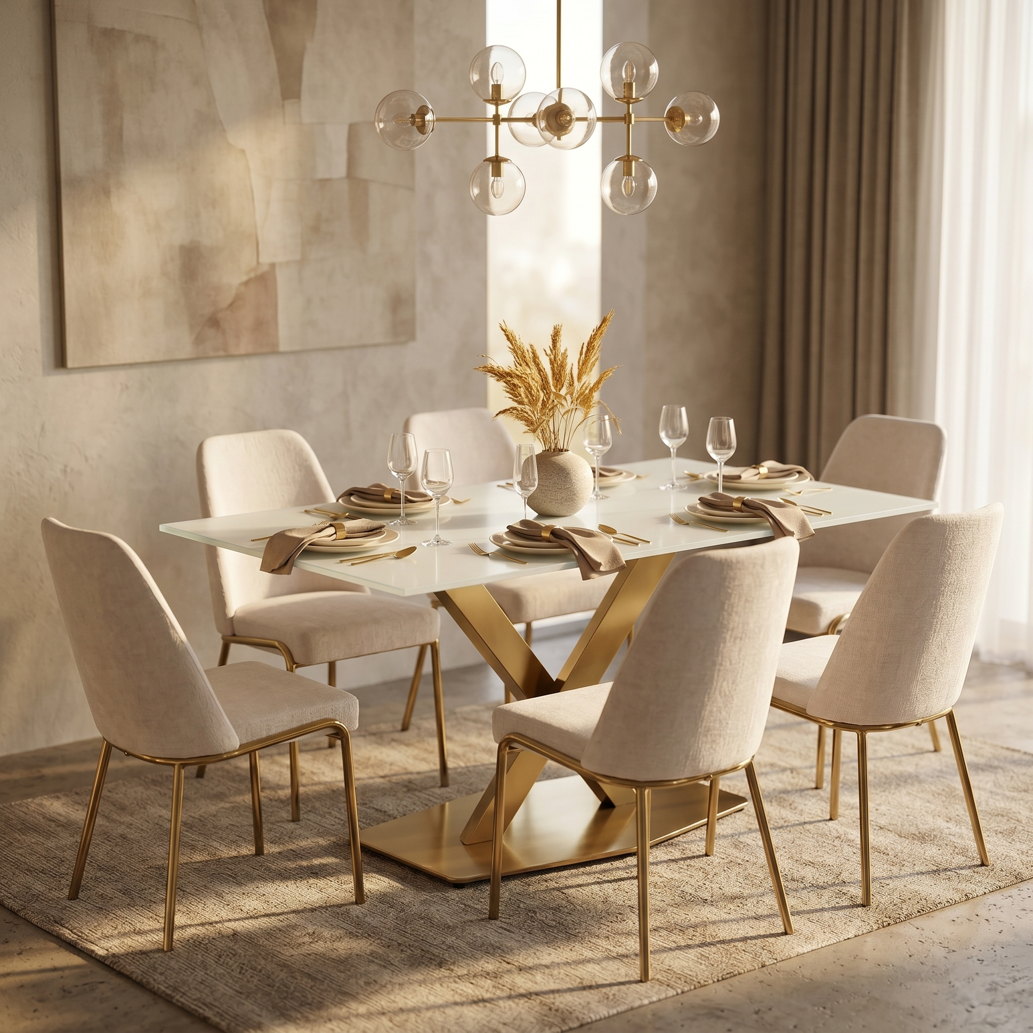 Voren Rectangular Dining Table with Glass Tabletop in Stainless Steel Pedestal Base