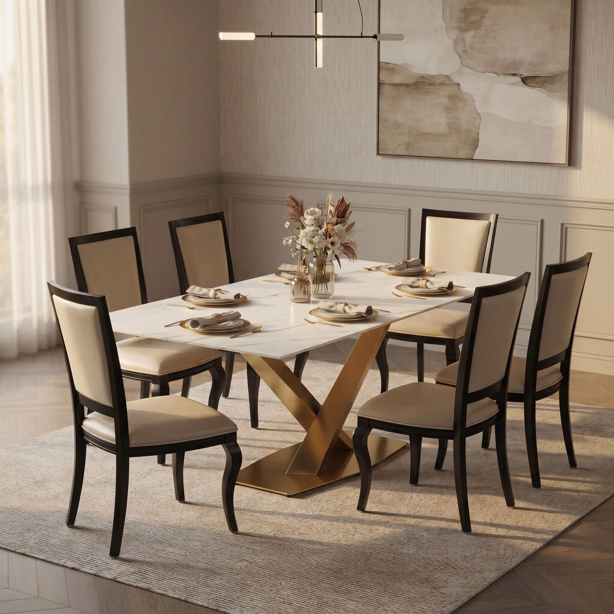 Voren Rectangular Dining Table with Sintered Stone / Glass Tabletop in Stainless Steel Double Pedestal Base
