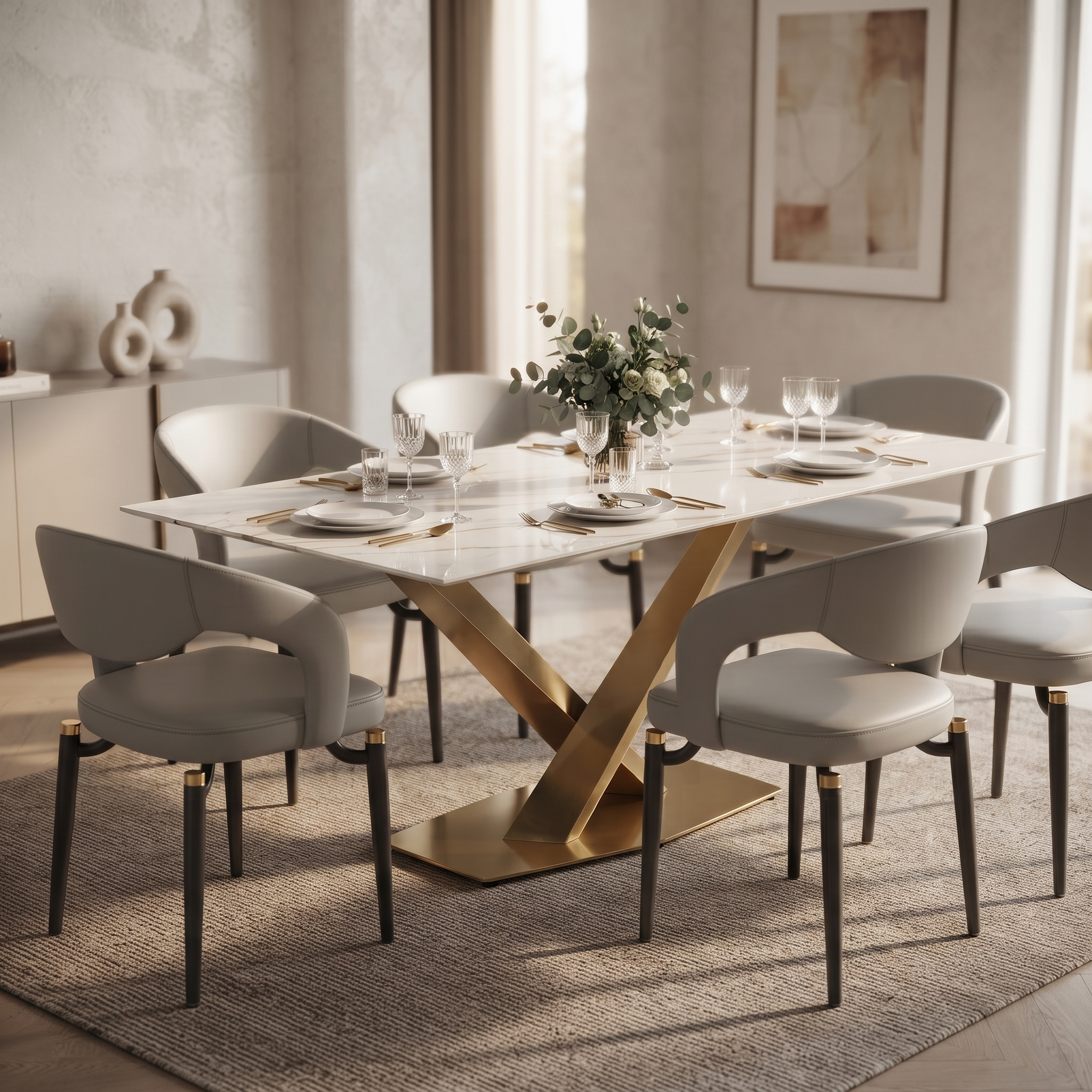 Voren Rectangular Dining Table with Sintered Stone / Glass Tabletop in Stainless Steel Double Pedestal Base