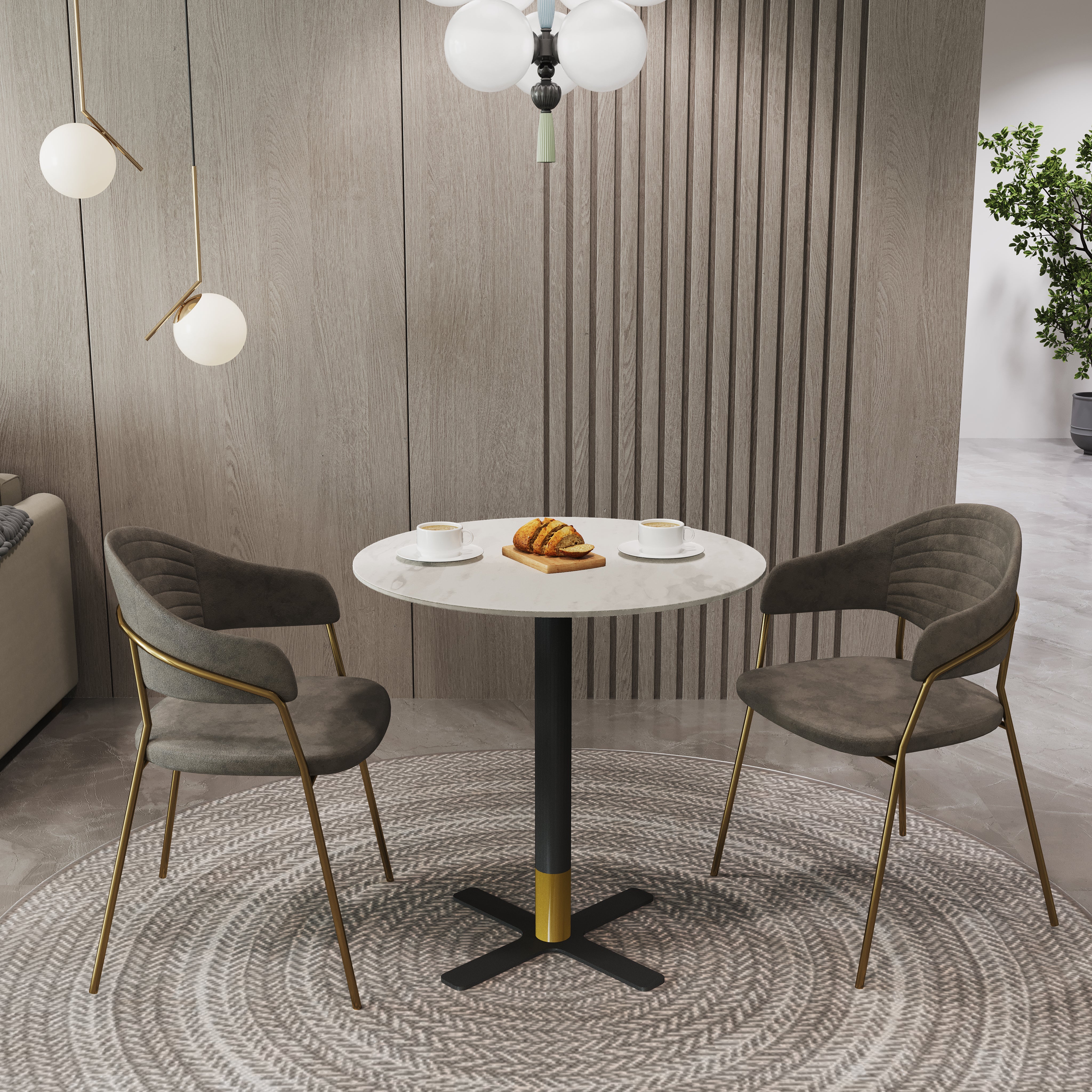 Vail Collection Dining Table Black/Gold X Base With Round MDF Wood/Sintered Stone Top