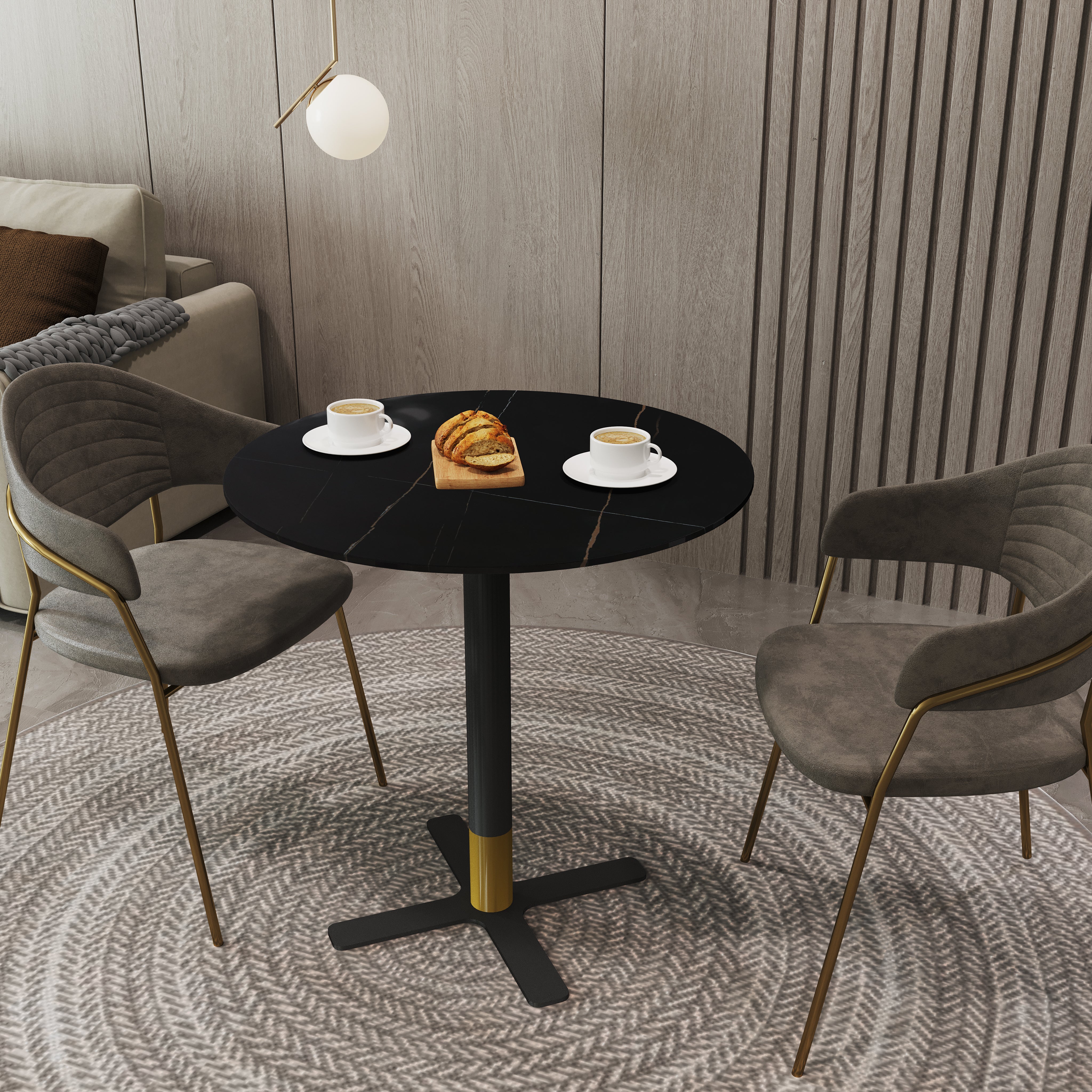 Vail Collection Dining Table Black/Gold X Base With Round MDF Wood/Sintered Stone Top