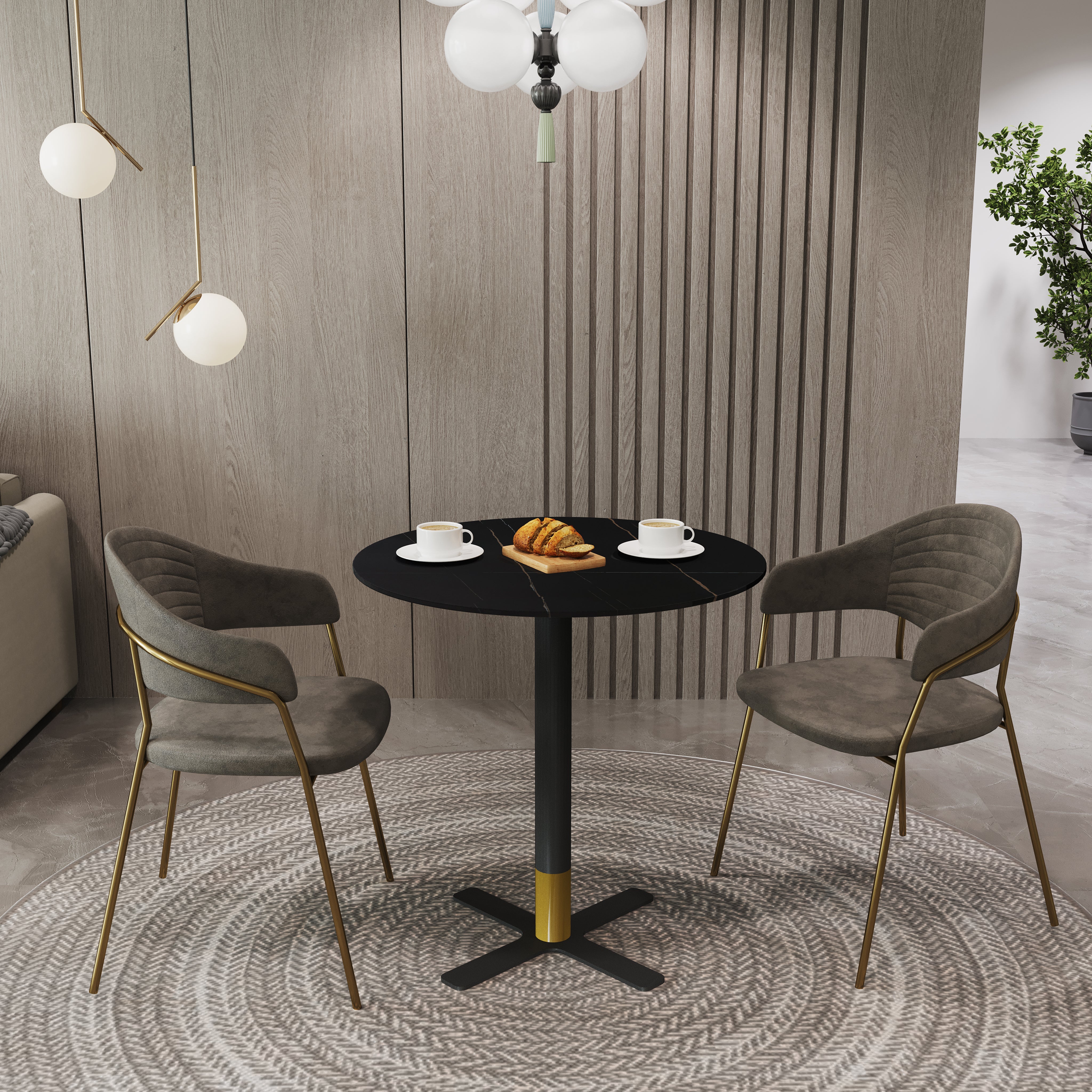Vail Collection Dining Table Black/Gold X Base With Round MDF Wood/Sintered Stone Top