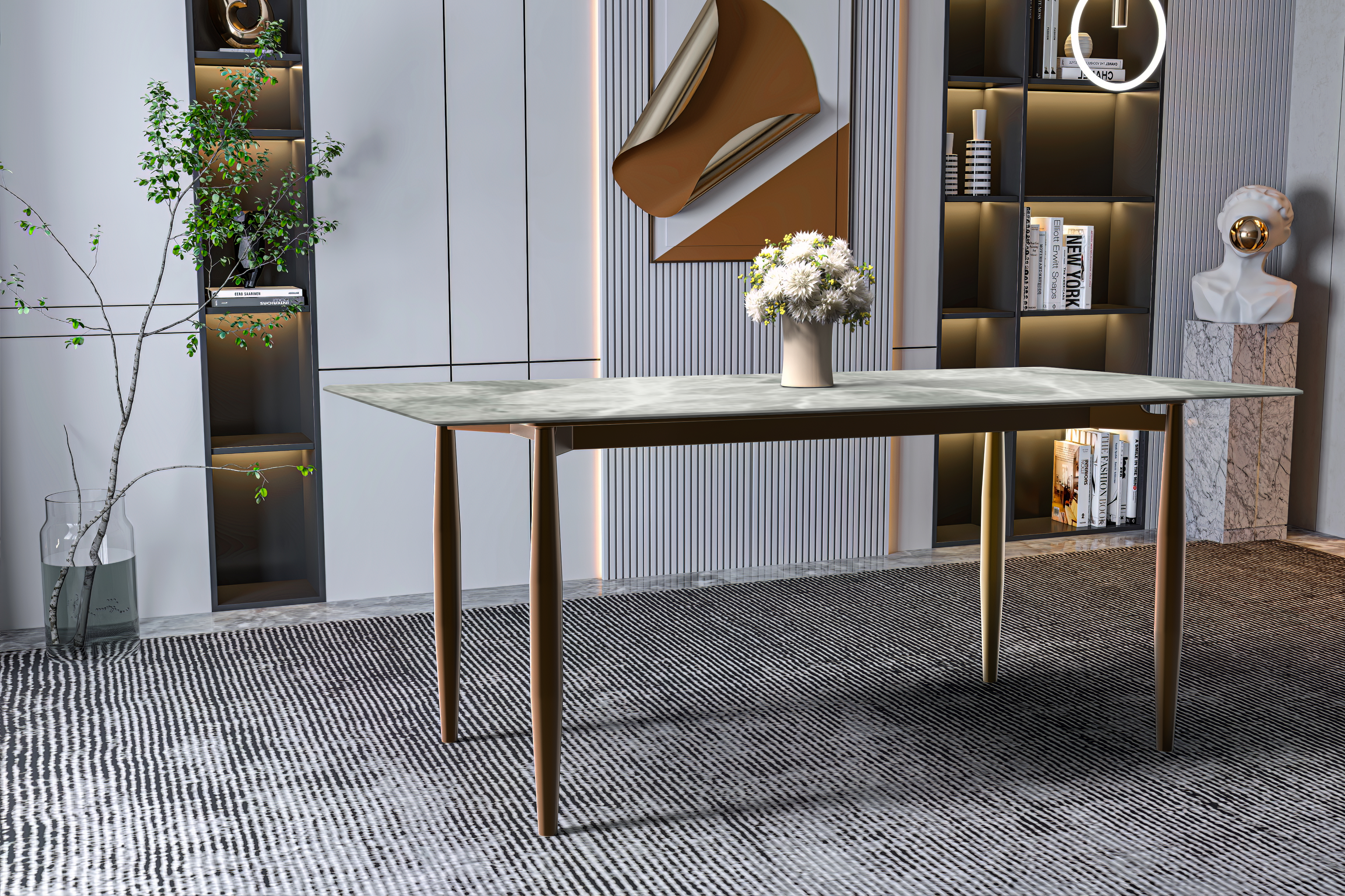 Zinti Rectangular Dining Table with Glass/Sintered Stone Tabletop and Steel Base