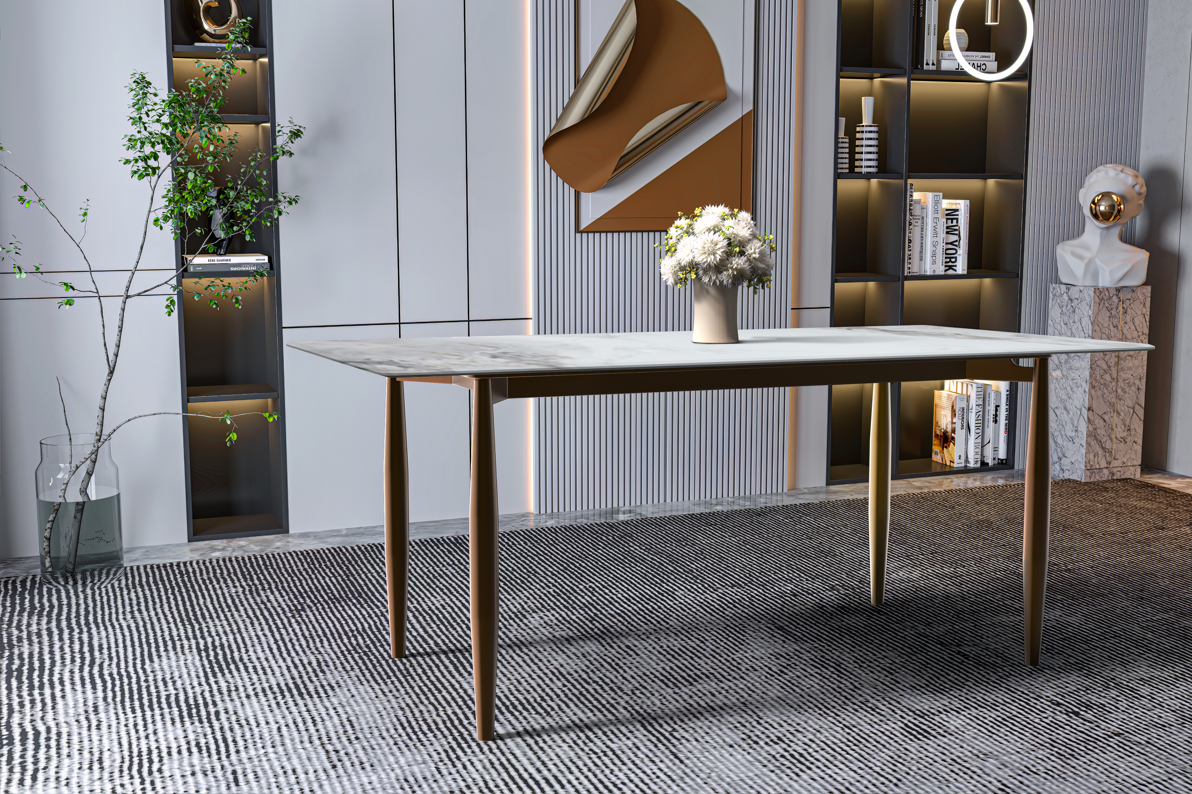 Zinti Rectangular Dining Table with Glass/Sintered Stone Tabletop and Steel Base