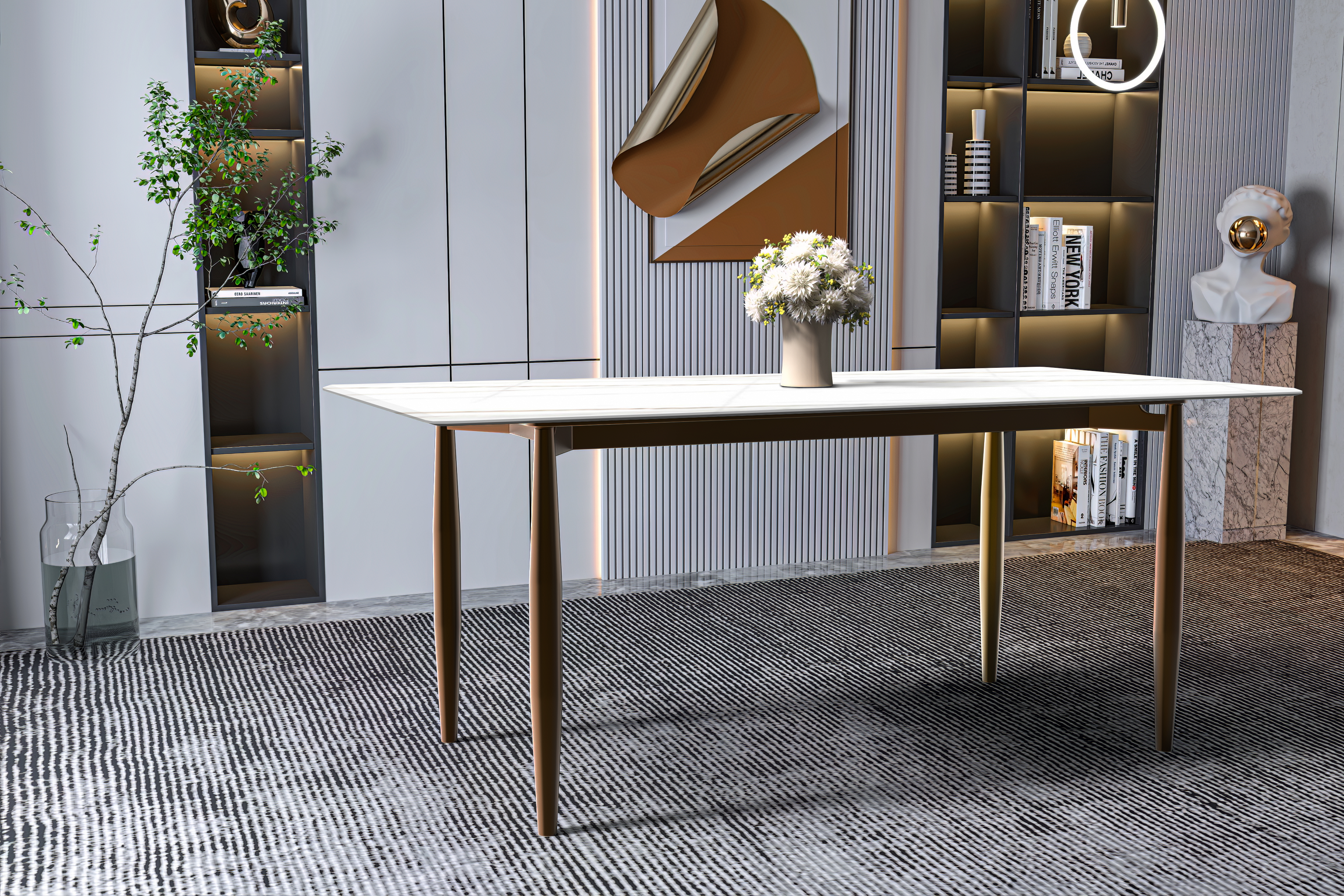 Zinti Rectangular Dining Table with Glass/Sintered Stone Tabletop and Steel Base