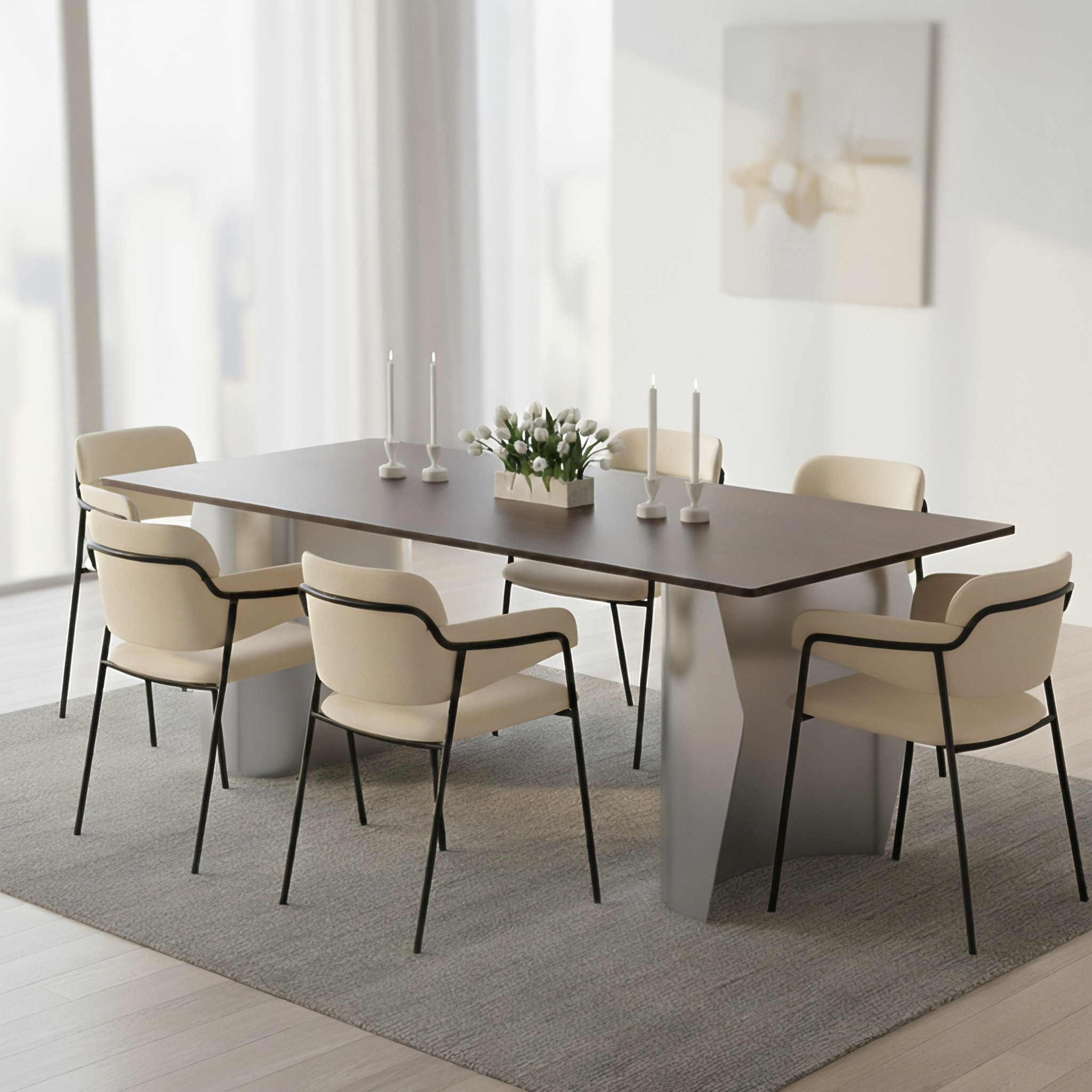 Zelan Dining Table with Rectangular Sintered Stone Tabletop and Stainless Steel Legs
