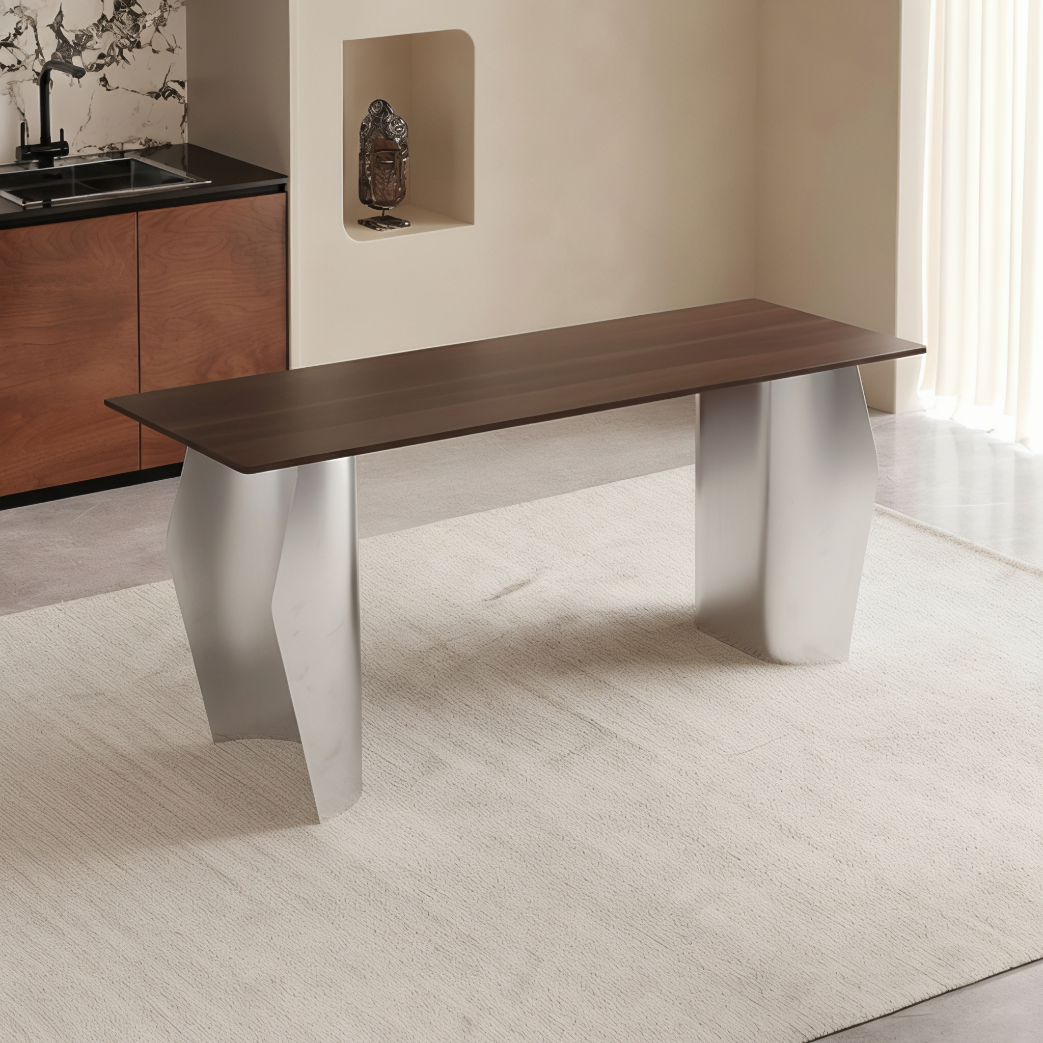 Zelan Dining Table with Rectangular Sintered Stone Tabletop and Stainless Steel Legs