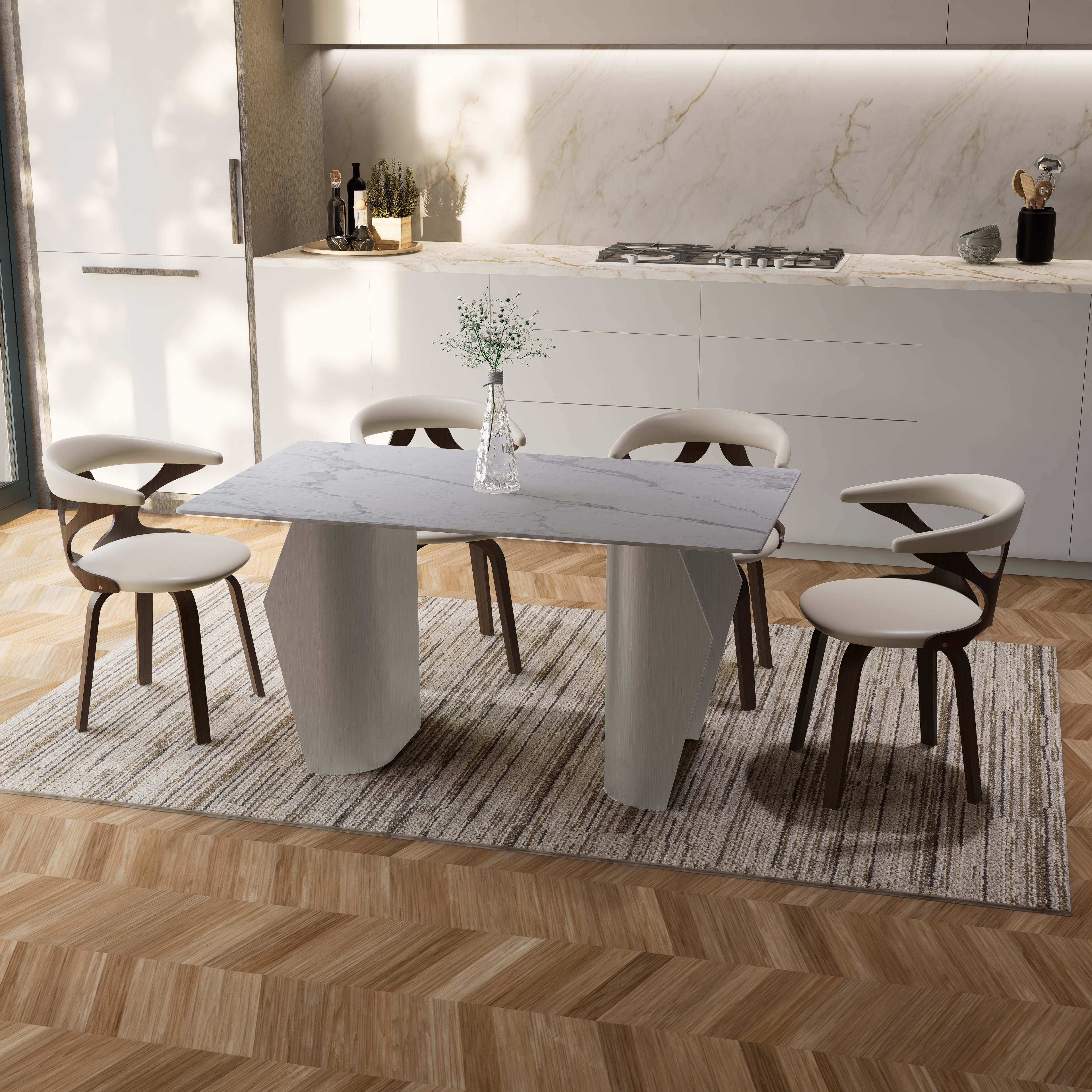 Zelan Dining Table with Rectangular Sintered Stone Tabletop and Stainless Steel Legs