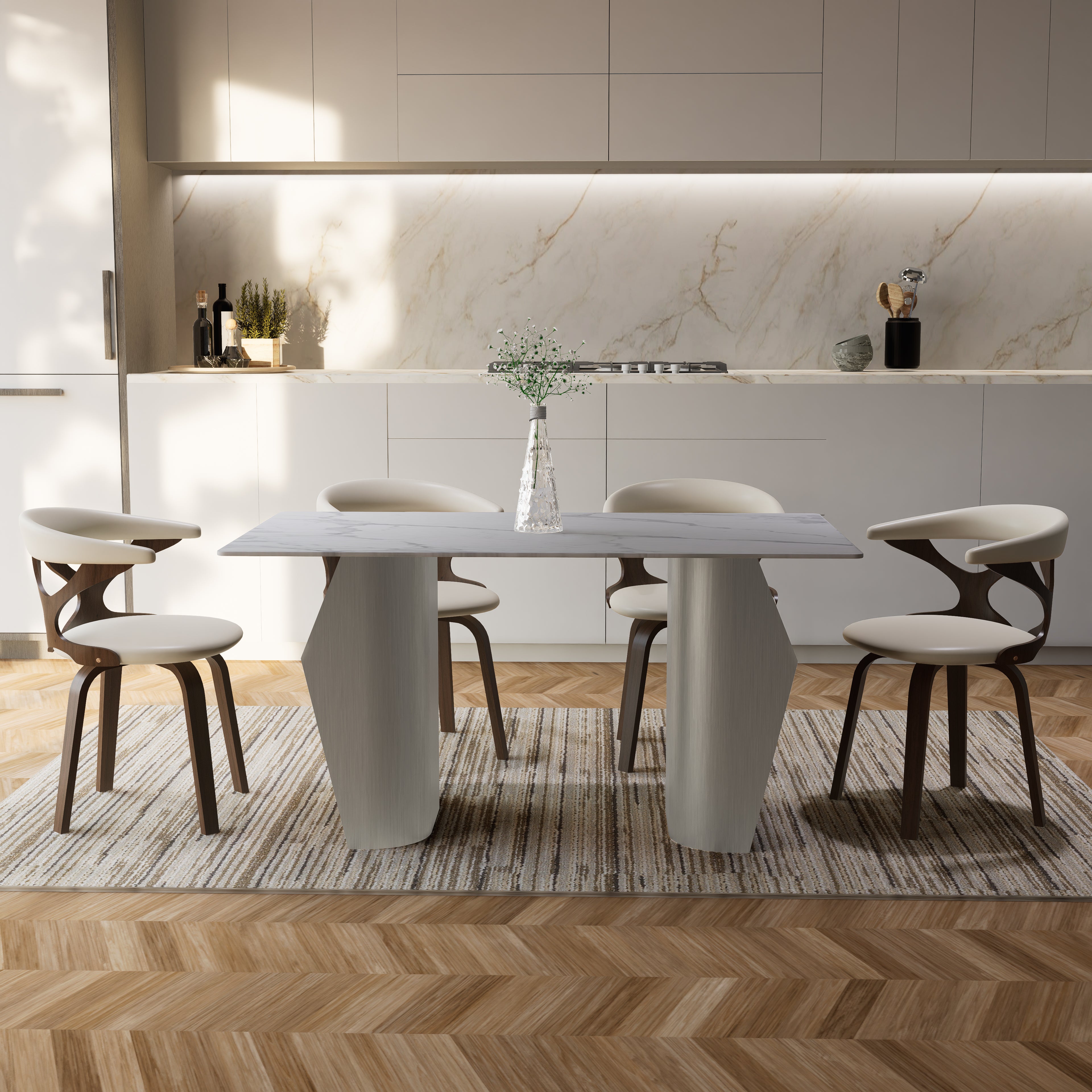 Zelan Dining Table with Rectangular Sintered Stone Tabletop and Stainless Steel Legs