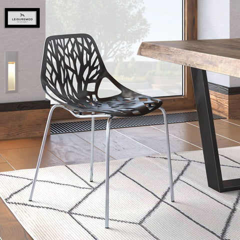 Asbury Polypropylene Dining Side Chair with Forest Cut-Out Design in Chrome