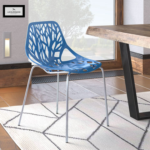 Asbury Polypropylene Dining Side Chair with Forest Cut-Out Design in Chrome