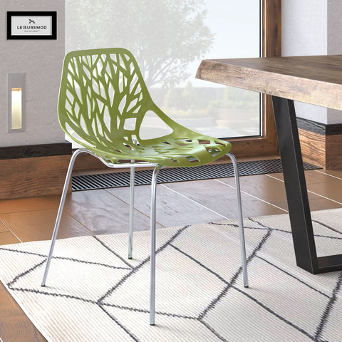 Asbury Polypropylene Dining Side Chair with Forest Cut-Out Design in Chrome