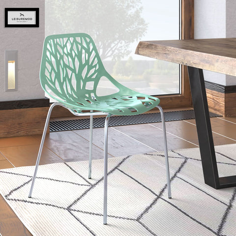 Asbury Polypropylene Dining Side Chair with Forest Cut-Out Design in Chrome