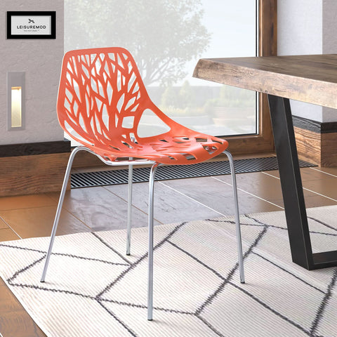 Asbury Polypropylene Dining Side Chair with Forest Cut-Out Design in Chrome