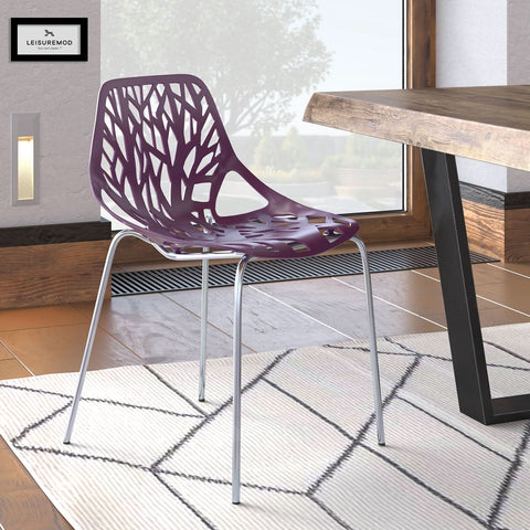 Asbury Polypropylene Dining Side Chair with Forest Cut-Out Design in Chrome