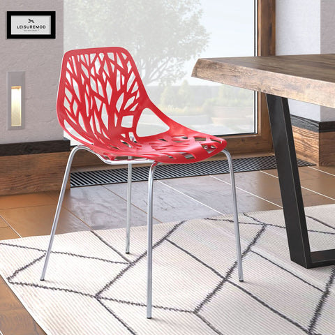 Asbury Polypropylene Dining Side Chair with Forest Cut-Out Design in Chrome
