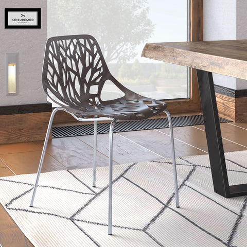 Asbury Polypropylene Dining Side Chair with Forest Cut-Out Design in Chrome