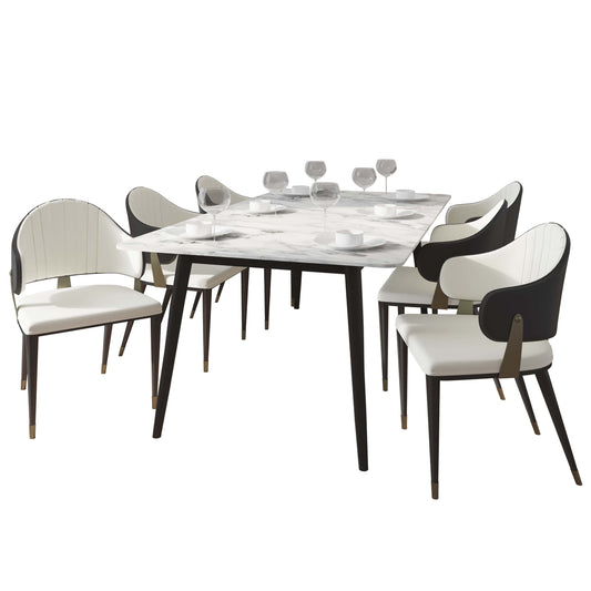 Zayle 7-Piece Dining Set with 55" Rectangular Dining Table in White/Gold Sintered Stone Top and 6 Leather Dining ChairsElevate your dining experience with the luxurious Zayle 7-Piece Dining Set. The sleek 55" rectangular table features a stunning white an