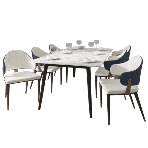 Zayle 7-Piece Dining Set with 55" Rectangular Dining Table in White/Gold Sintered Stone Top and 6 Leather Dining ChairsElevate your dining experience with the luxurious Zayle 7-Piece Dining Set. The sleek 55" rectangular table features a stunning white an