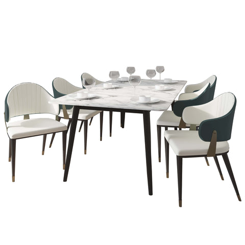Zayle 7-Piece Dining Set with 55" Rectangular Dining Table in White/Gold Sintered Stone Top and 6 Leather Dining ChairsElevate your dining experience with the luxurious Zayle 7-Piece Dining Set. The sleek 55" rectangular table features a stunning white an
