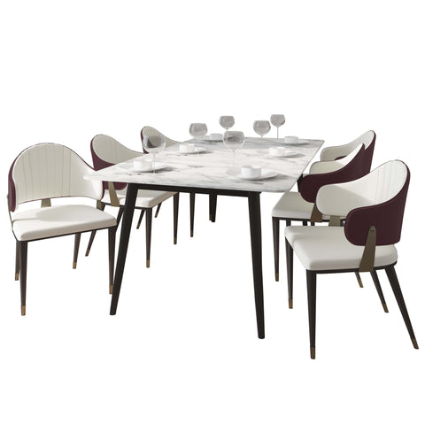 Zayle 7-Piece Dining Set with 55" Rectangular Dining Table in White/Gold Sintered Stone Top and 6 Leather Dining ChairsElevate your dining experience with the luxurious Zayle 7-Piece Dining Set. The sleek 55" rectangular table features a stunning white an