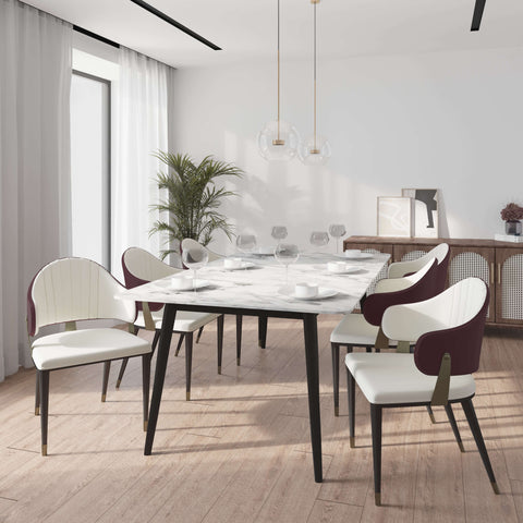Zayle 7-Piece Dining Set with 55" Rectangular Dining Table in White/Gold Sintered Stone Top and 6 Leather Dining ChairsElevate your dining experience with the luxurious Zayle 7-Piece Dining Set. The sleek 55" rectangular table features a stunning white an