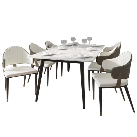 Zayle 7-Piece Dining Set with 55" Rectangular Dining Table in White/Gold Sintered Stone Top and 6 Leather Dining ChairsElevate your dining experience with the luxurious Zayle 7-Piece Dining Set. The sleek 55" rectangular table features a stunning white an