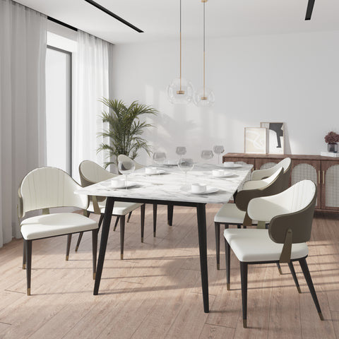 Zayle 7-Piece Dining Set with 55" Rectangular Dining Table in White/Gold Sintered Stone Top and 6 Leather Dining ChairsElevate your dining experience with the luxurious Zayle 7-Piece Dining Set. The sleek 55" rectangular table features a stunning white an