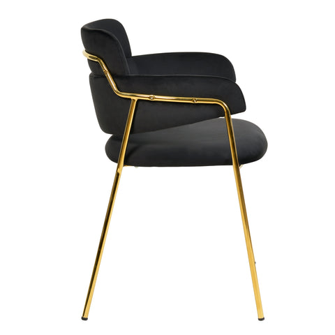 Axis Upholstered Dining Chair with Curved Open-Back and Arms and Black/Gold Stainless Steel Legs