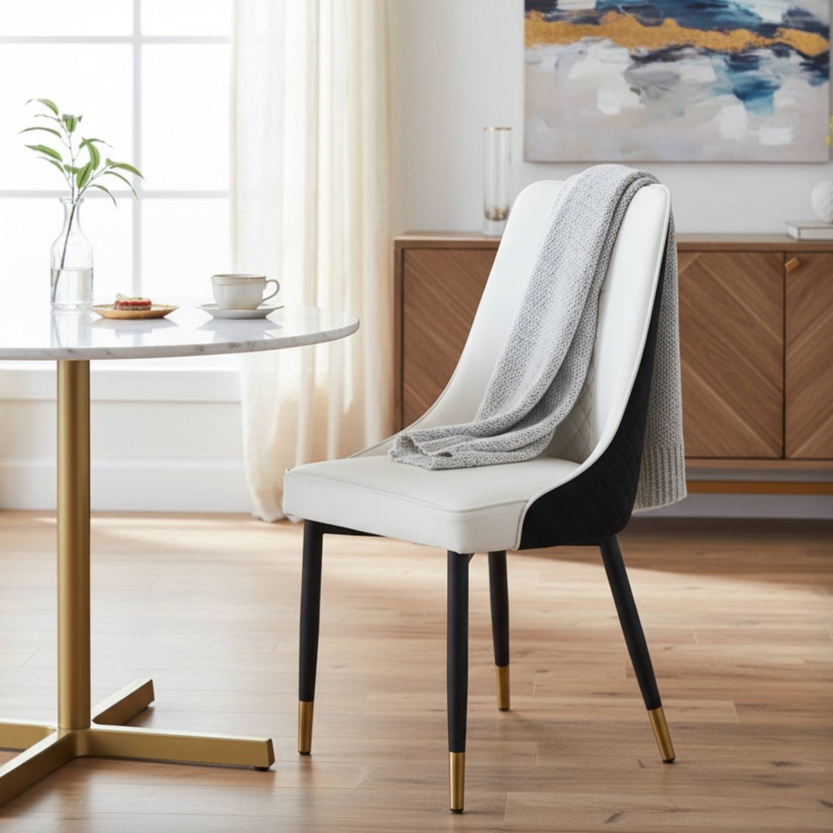 Allure Modern Dining Chair Upholstered in Vinyl Leather Seat with Oak Wood Legs White Black Dining Chair Leisuremod