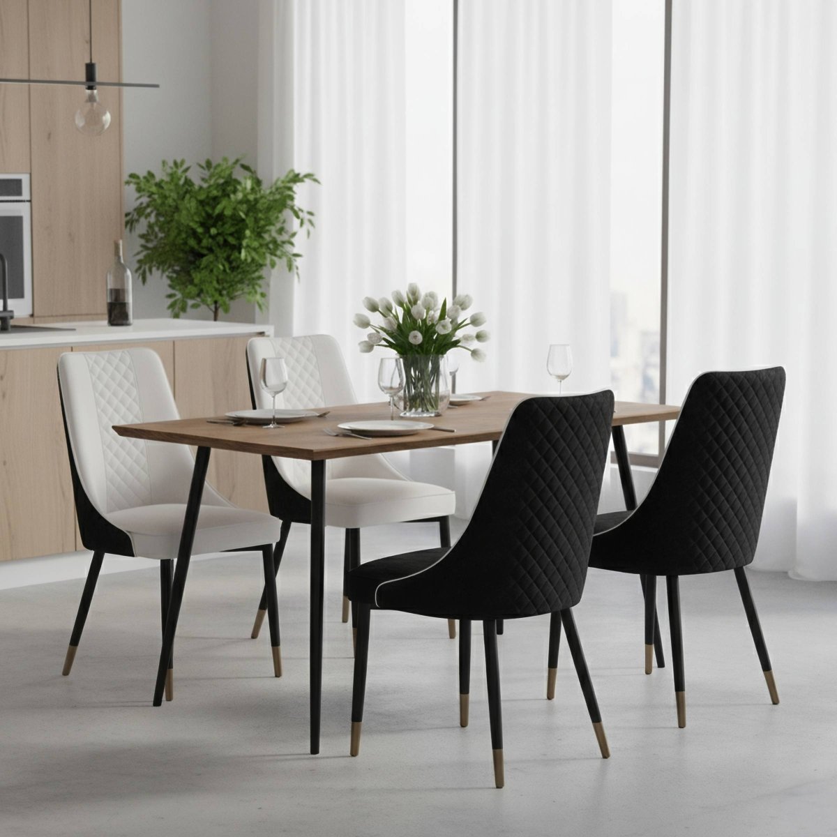 Allure Modern Dining Chair Upholstered in Vinyl Leather Seat with Oak Wood Legs White Black Dining Chair Leisuremod