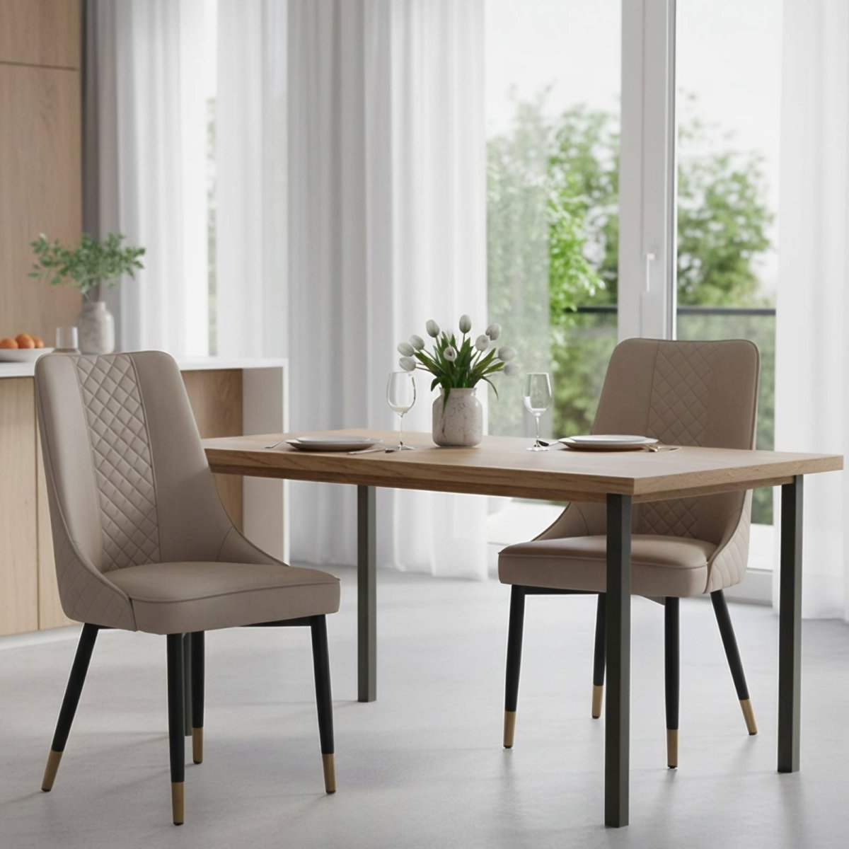 Allure Modern Dining Chair Upholstered in Vinyl Leather Seat with Oak Wood Legs Taupe Dining Chair Leisuremod