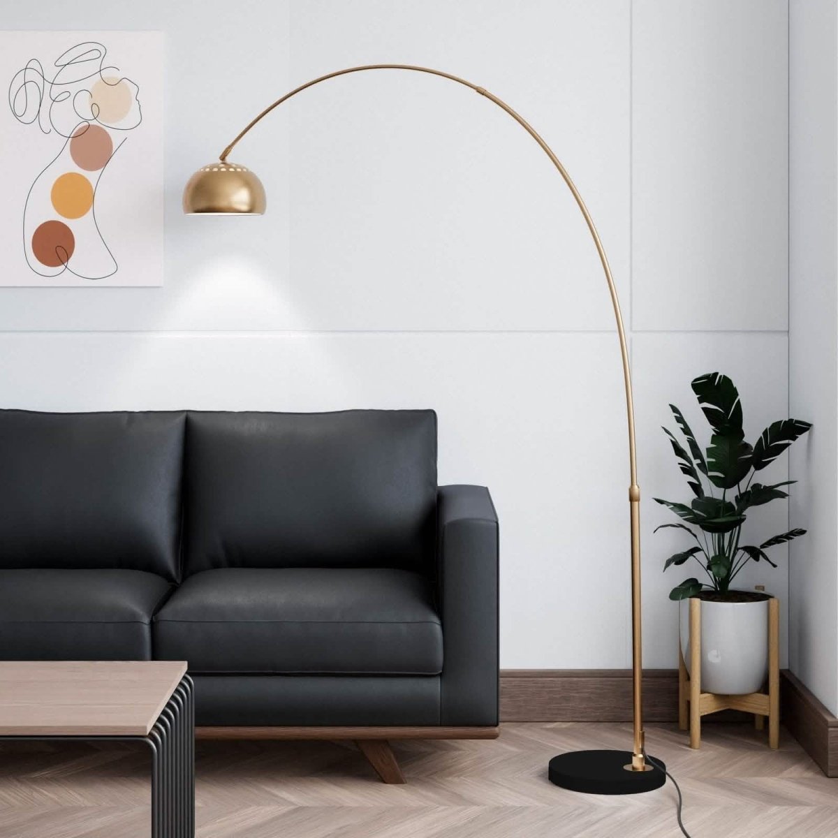 Arco Modern 76" Arched Floor Lamp: Black Marble Base & Metal Dome Shade