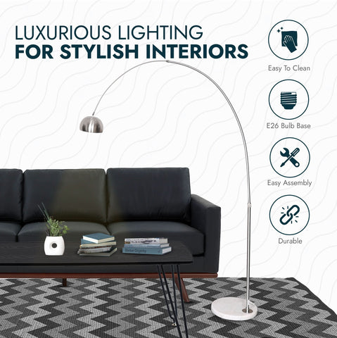 Arco Modern Arched Floor Lamp 76" Height with White Round Marble Base and Metal Dome Lamp Shade