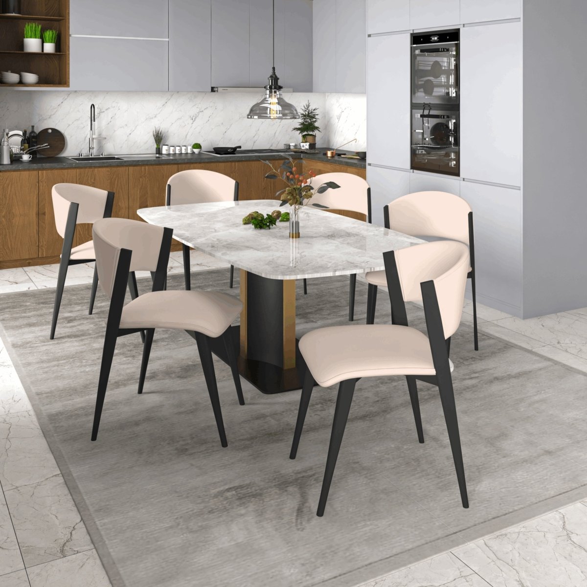 Aspen Dining Chairs Upholstered in Leather with Black Metal Legs Light Taupe Dining Chair Leisuremod