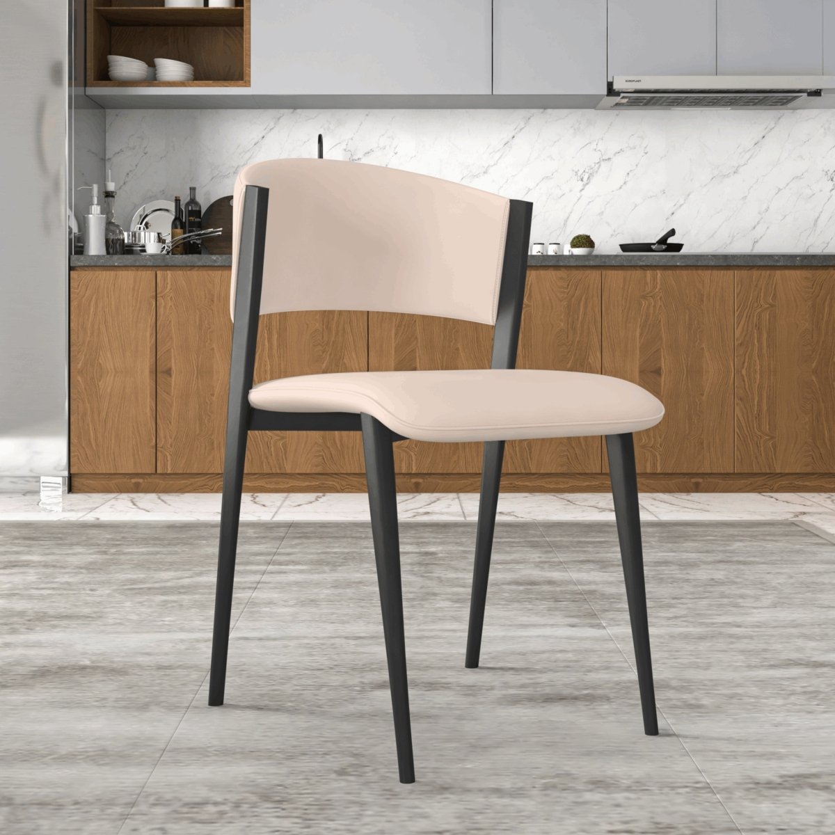 Aspen Dining Chairs Upholstered in Leather with Black Metal Legs Light Taupe Dining Chair Leisuremod