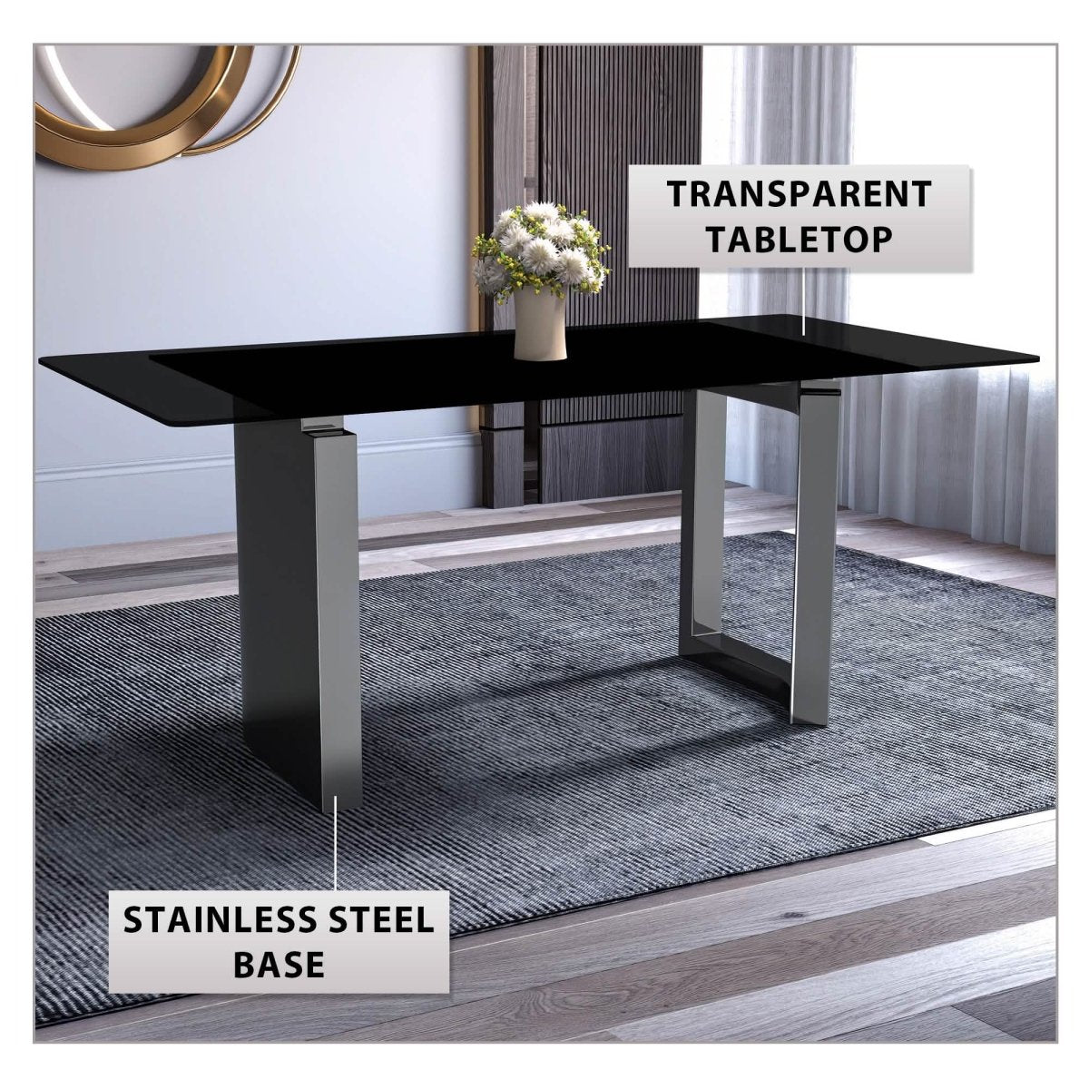 Astra Rectangular Dining Table with Stone/Glass Tabletop and Stainless - Steel Base