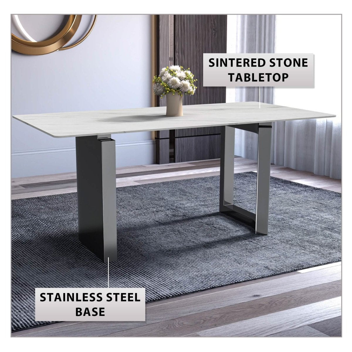Astra Rectangular Dining Table with Stone/Glass Tabletop and Stainless - Steel Base