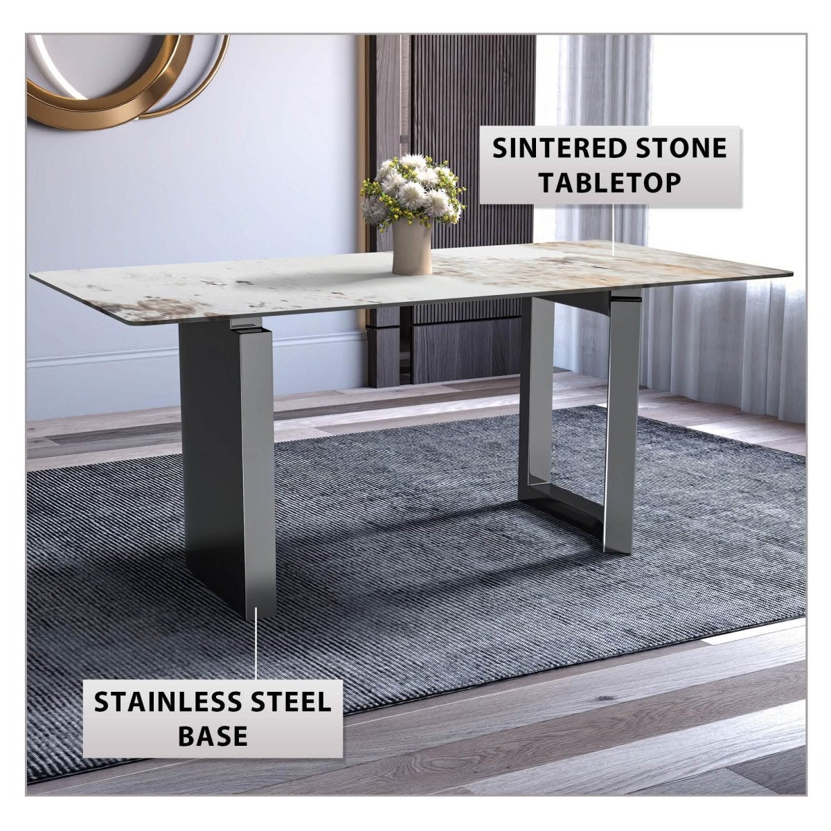 Astra Rectangular Dining Table with Stone/Glass Tabletop and Stainless - Steel Base