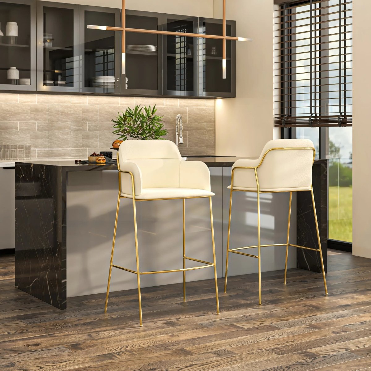 Axis 40" Bar Stool with Ergonomic Design, Gold Stainless Steel Base, and Footrest Set of 2