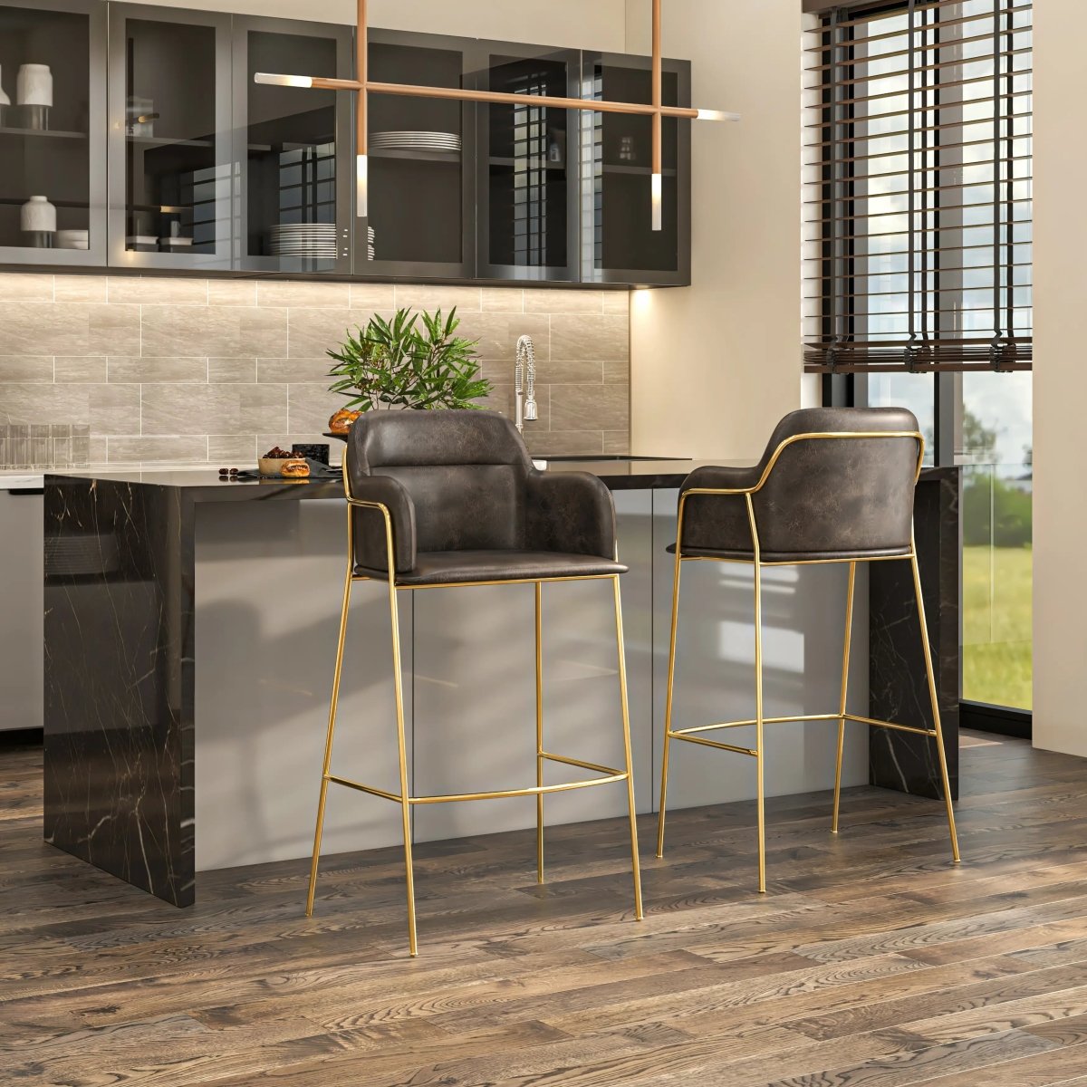 Axis 40" Bar Stool with Ergonomic Design, Gold Stainless Steel Base, and Footrest Set of 2