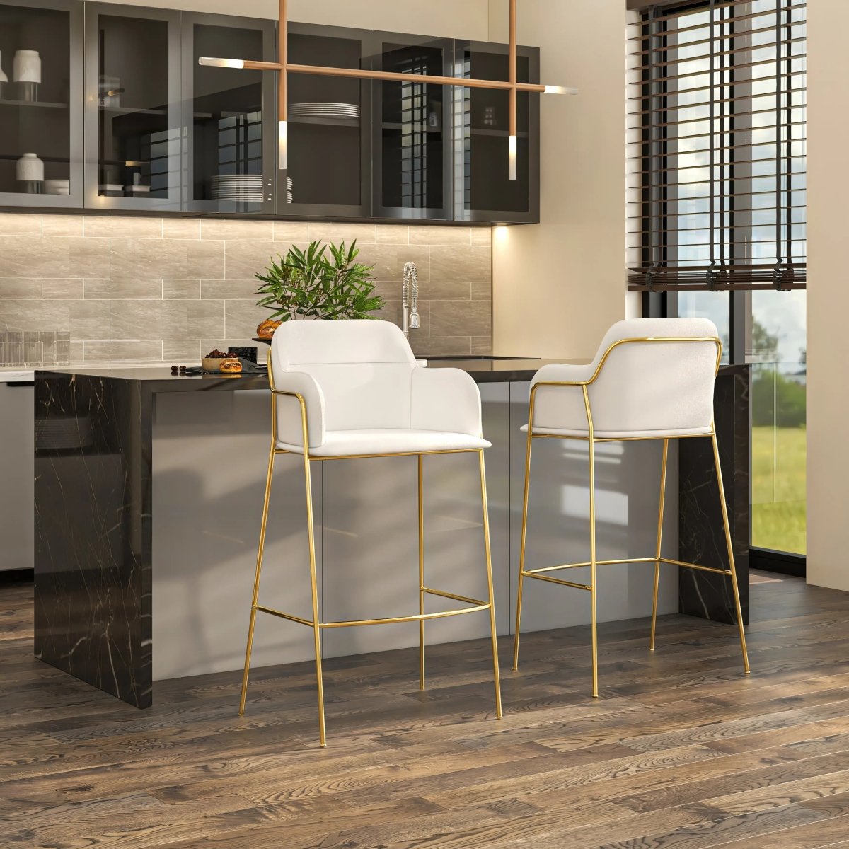 Axis 40" Bar Stool with Ergonomic Design, Gold Stainless Steel Base, and Footrest Set of 2