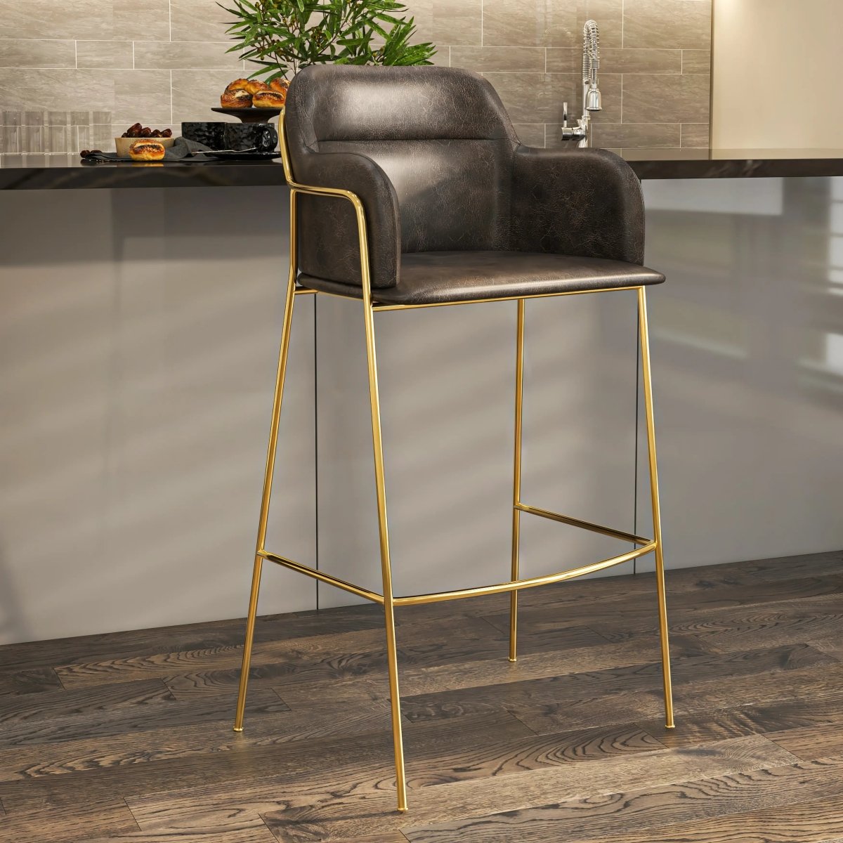 Axis 40" Bar Stool with Ergonomic Design, Gold Stainless Steel Base, and Footrest Set of 2