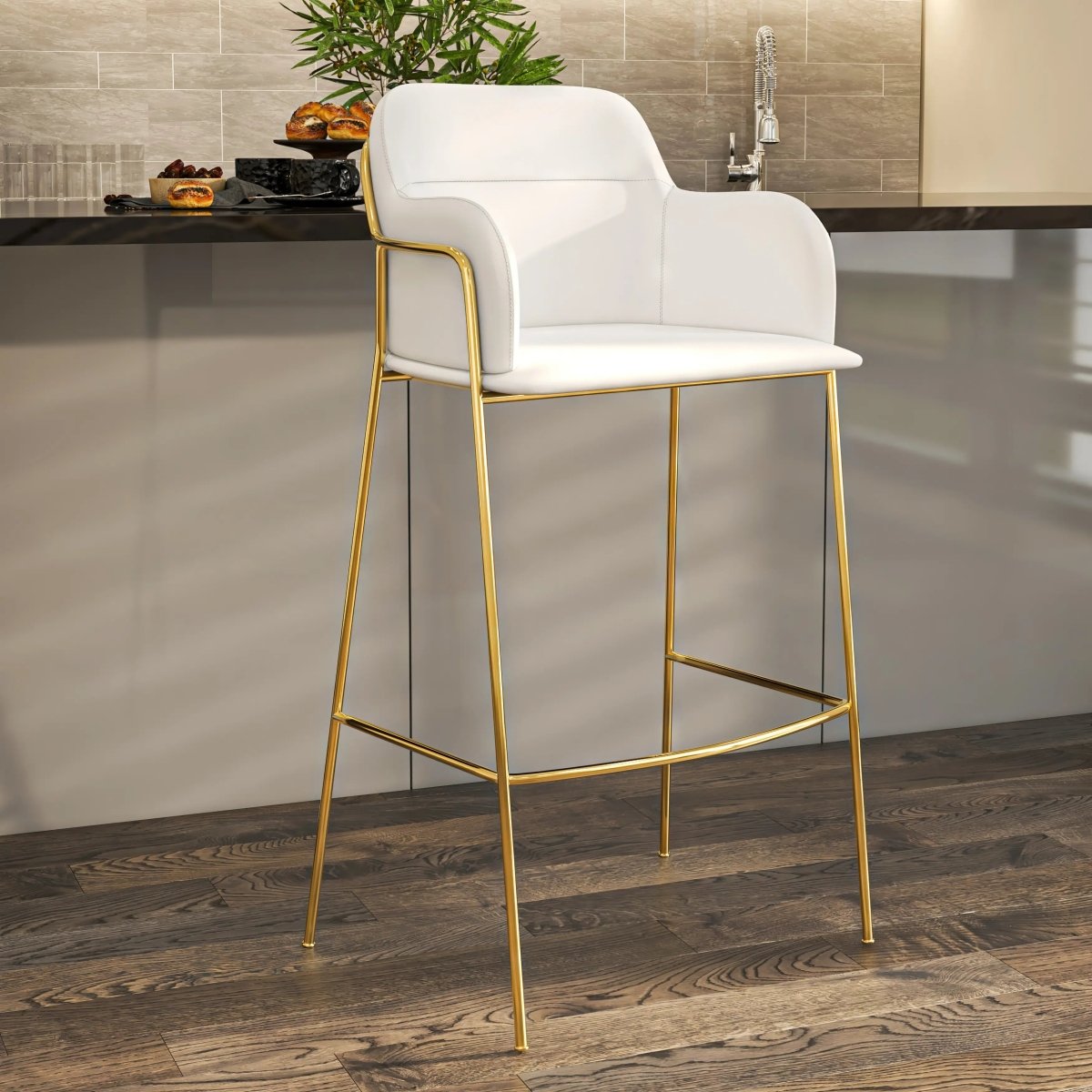 Axis 40" Bar Stool with Ergonomic Design, Gold Stainless Steel Base, and Footrest Set of 2