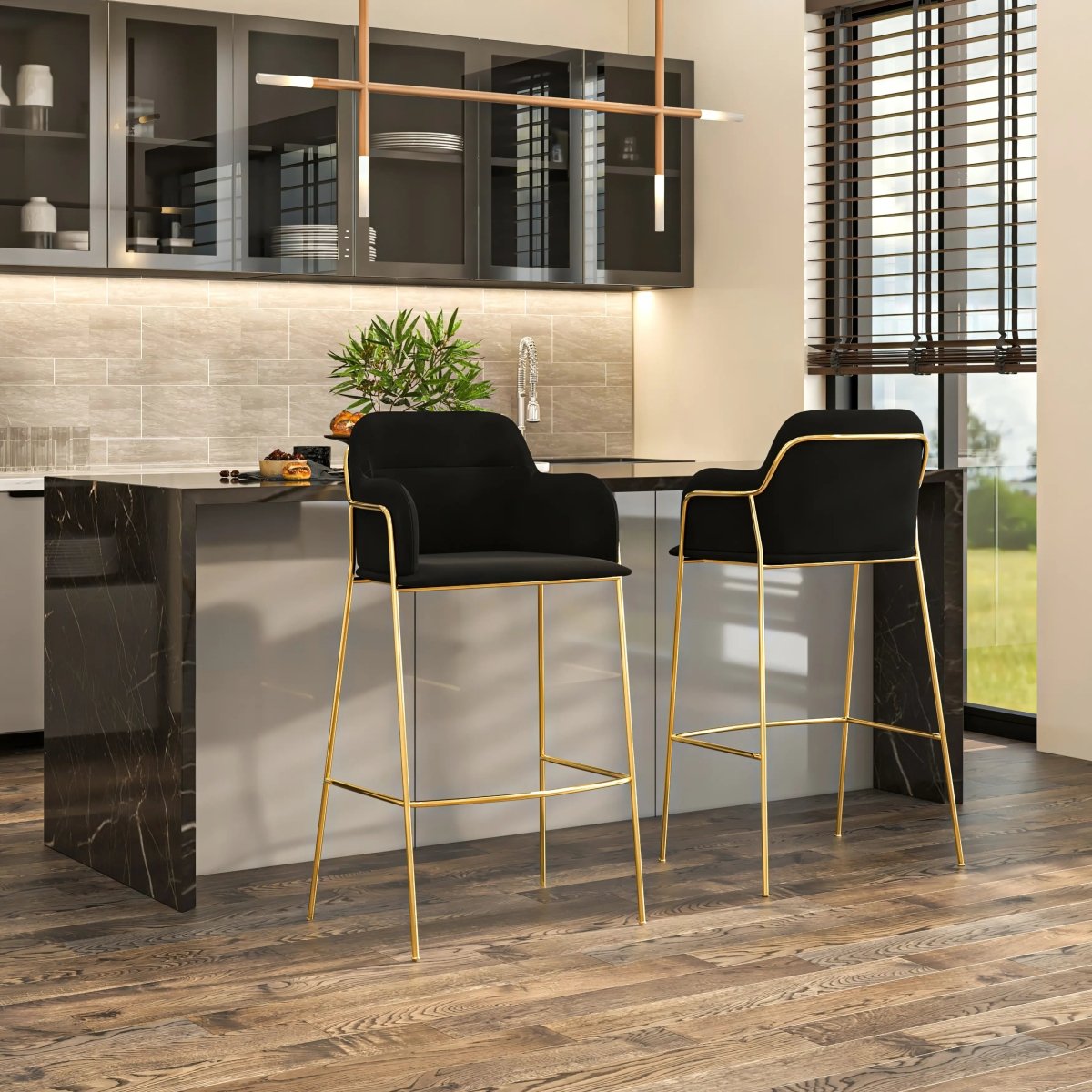 Axis 40" Bar Stool with Ergonomic Design, Gold Stainless Steel Base, and Footrest Set of 2