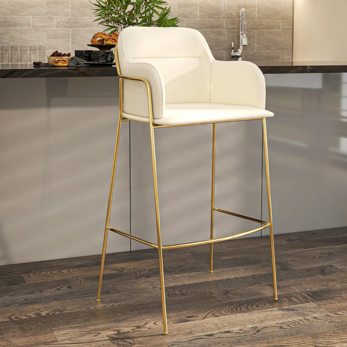 Axis 40" Bar Stool with Ergonomic Design, Gold Stainless Steel Base, and Footrest Set of 2